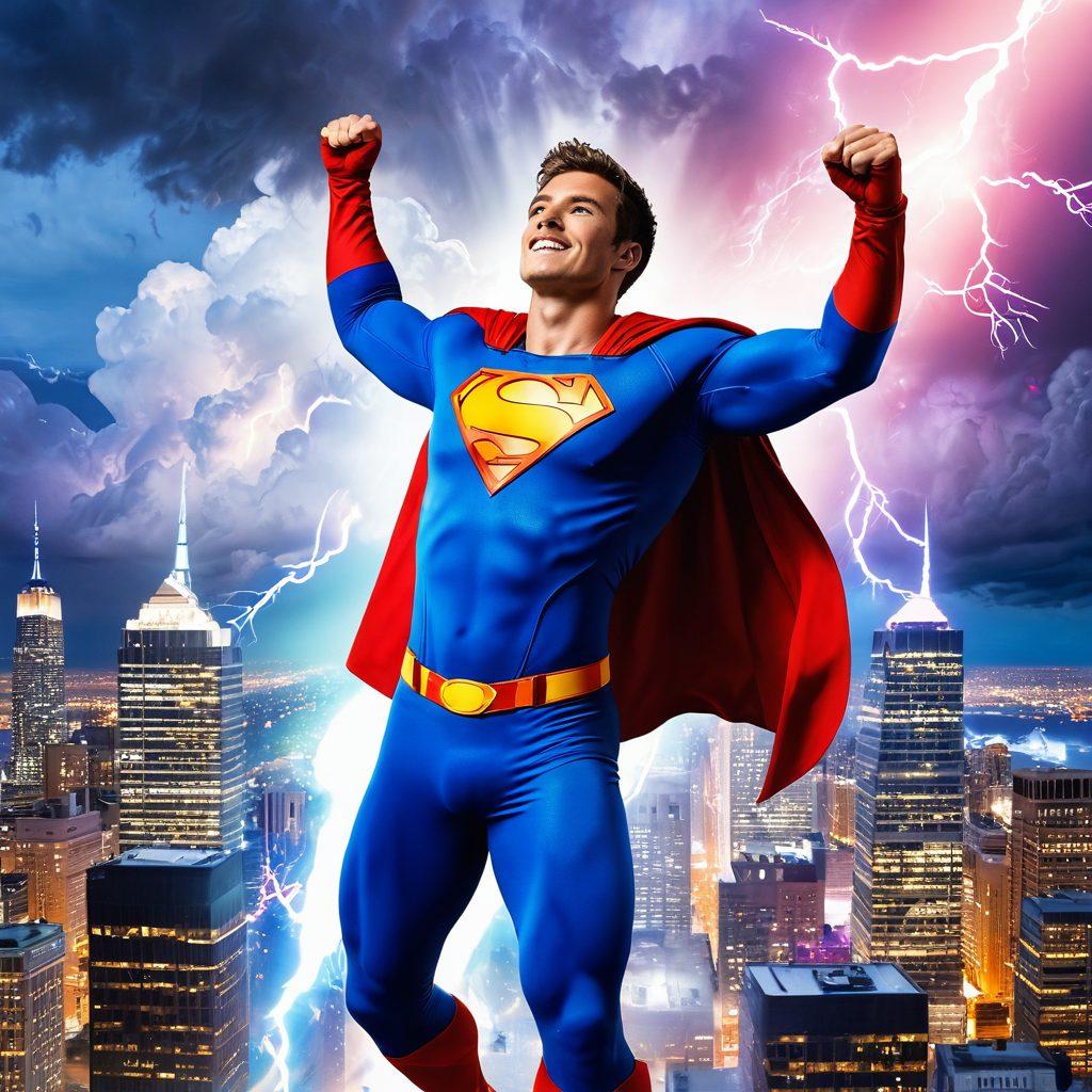 A colorful superhero bursting through clouds, radiating joy and inspiration, with a backdrop of a vibrant cityscape filled with diverse people looking up in awe. The superhero is striking a dynamic pose, encapsulating the essence of elation and hope, while whimsical lightning bolts and sparkles surround them. Emphasize bright, uplifting colors to convey a sense of extraordinary adventure and positivity. super-realistic. vibrant colors. white background.