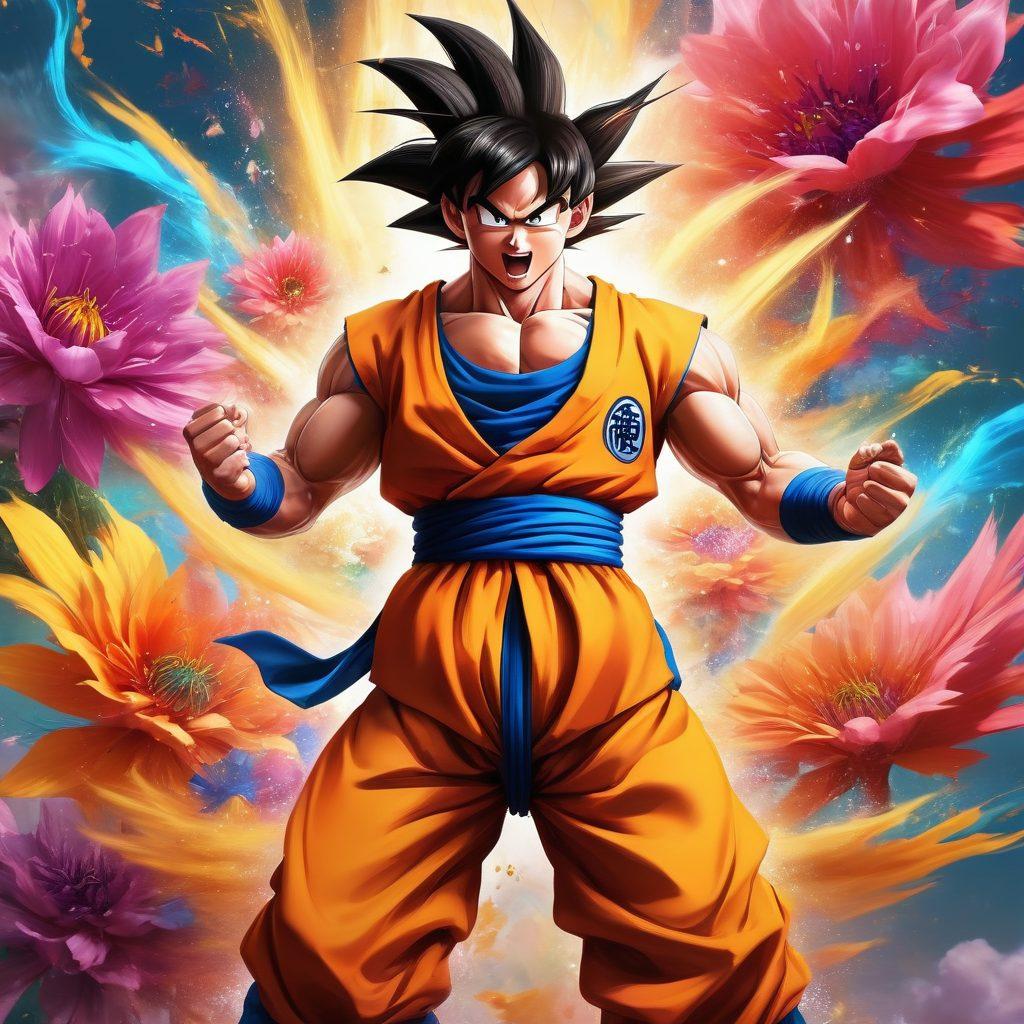 A dynamic scene featuring Goku in a vibrant, joyful pose amidst a swirling aura of energy, showcasing his fierce strength and cheerful spirit. Surround him with colorful, abstract representations of joy like flowers and sunshine, emphasizing the theme of bliss. The background should be an explosion of bright colors representing happiness and energy. Capture the essence of adventure and positivity. super-realistic. vibrant colors. 3D.