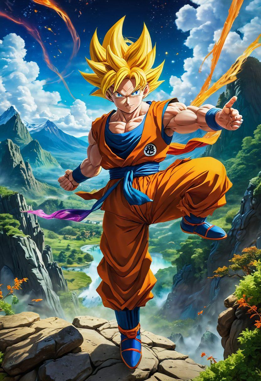 A vibrant scene of Goku in a dynamic pose, surrounded by colorful swirling energy and joyful characters from Dragon Ball, all celebrating with radiant smiles. The background features a vivid blue sky and lush green mountains symbolizing freedom and adventure. Incorporate playful elements like floating clouds and sparkling stars to emphasize a sense of joy and bliss. super-realistic. vibrant colors. dynamic composition.